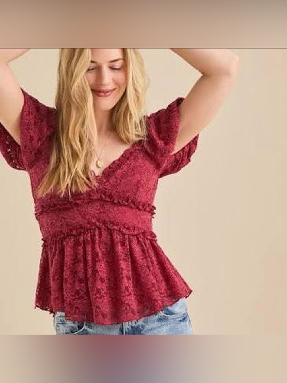 Altar'd State Maroon Lace Puff Sleeve Babydoll Top